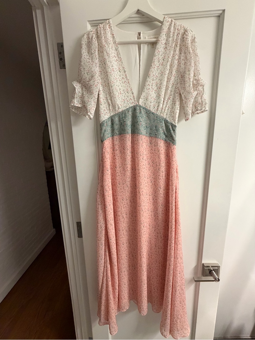 Two-Tone Floral Midi Dress in Pink and Cream with Sage Waist